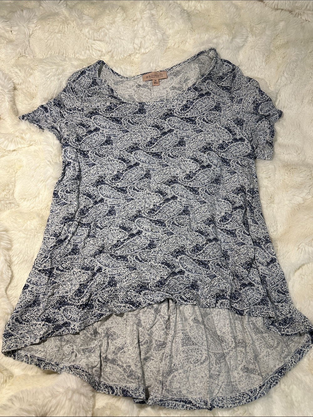 Philosophy navy and white paisley high-low tunic